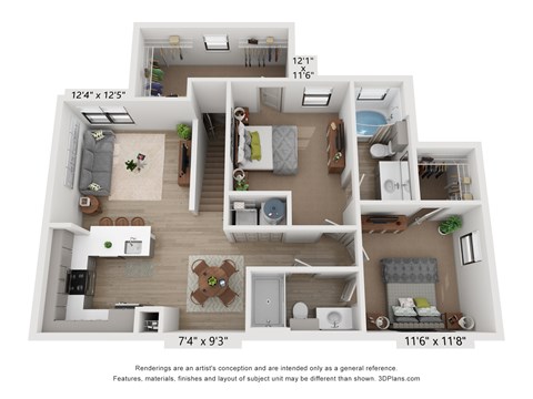 a 3d floor plan of a 2100 sq ft apartment